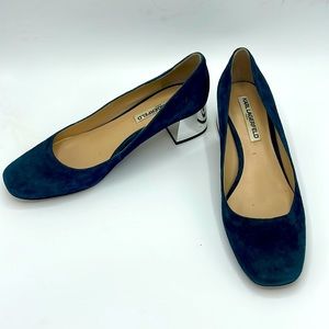 Karl Lagerfeld Paris blue suede shoes with silver block heels. 9.5